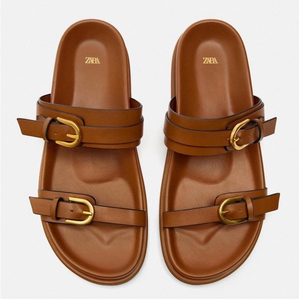 Zara Tan Slide Sandals with Gold Accents